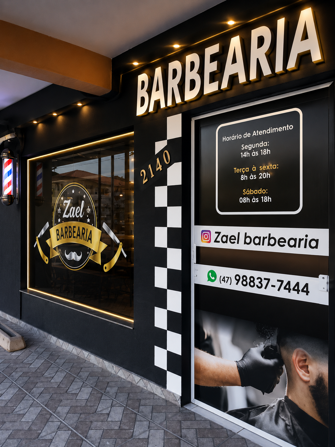 Fachada real da Zael Barbearia na Rua Minas Gerais, 2140, em Tapajós, Indaial - SC