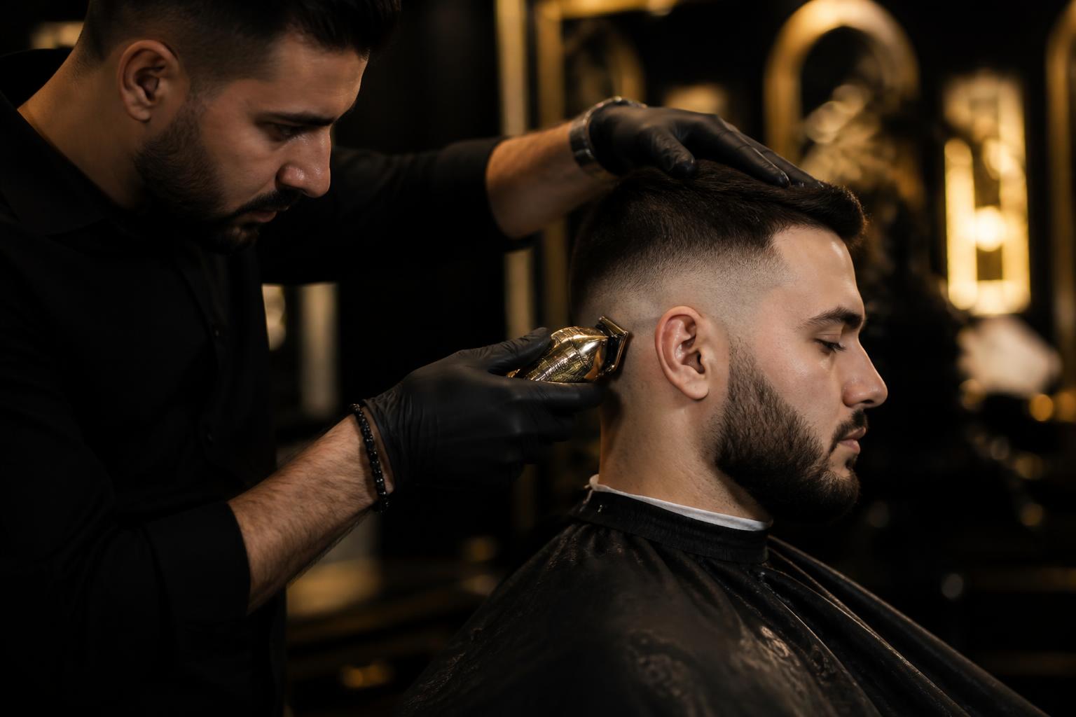 Barbeiro profissional executando corte degradê